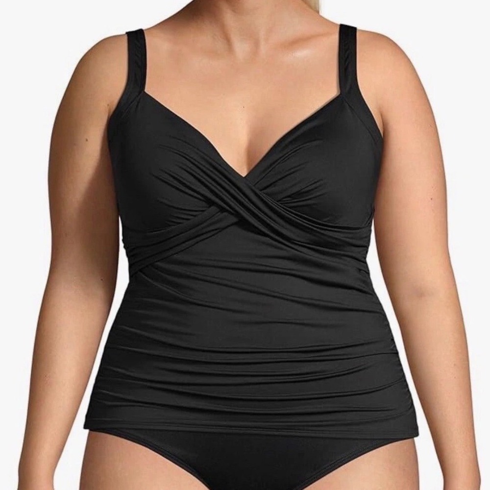 Lands' End Womens Black Sweetheart‎ Wrap Underwire Tankini Top 26W Swimwear A8